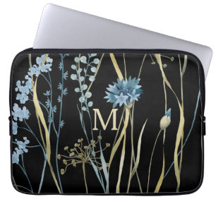 Monogram Floral Light Blue en Gold op zwart Laptop Sleeve
