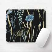 Monogram Floral Light Blue en Gold op zwart Muismat (Met muis)
