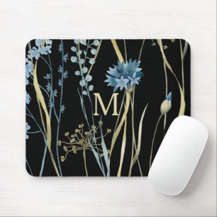 Monogram Floral Light Blue en Gold op zwart Muismat