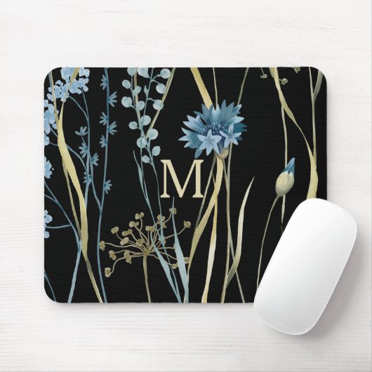 Monogram Floral Light Blue en Gold op zwart Muismat (Met muis)