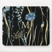 Monogram Floral Light Blue en Gold op zwart Muismat (Voorkant)