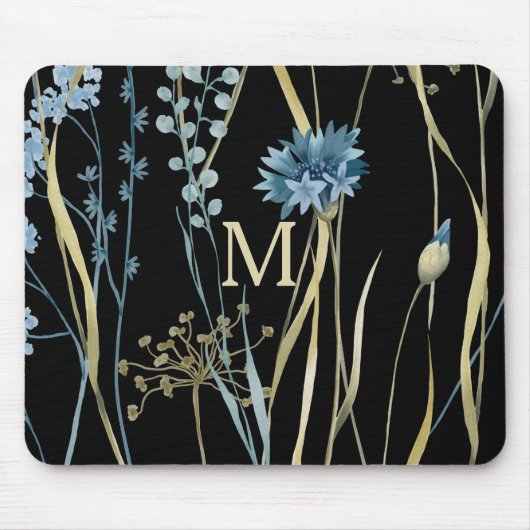 Monogram Floral Light Blue en Gold op zwart Muismat (Voorkant)