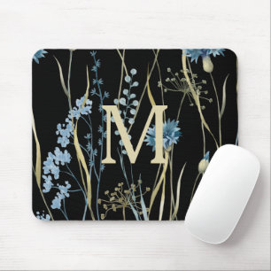 Monogram Floral Light Blue en Gold op zwart Muismat