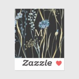 Monogram Floral Light Blue en Gold op zwart Sticker