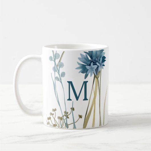 Monogram Floral Light Blue Gold op White Koffiemok (Links)