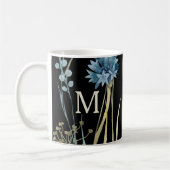 Monogram Floral Light Blue Gold op zwart Koffiemok (Links)