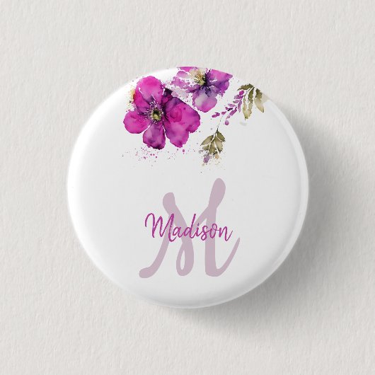 Monogram Floral Magenta Ronde Button 3,2 Cm (Voorkant)