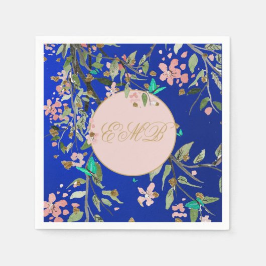 Monogram Floral Navy Blue Elegant Gold Birthday Servet (Voorkant)