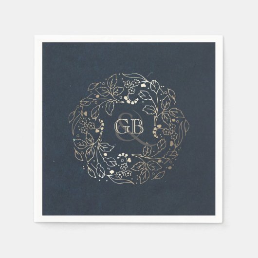 Monogram Floral  Navy en Gold Wedding Servet (Voorkant)
