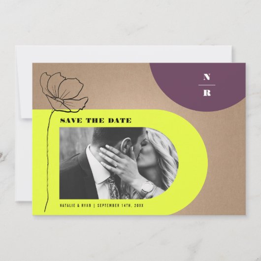 Monogram Floral Neon + Plum Arch Wedding Save The Date (Voorkant)