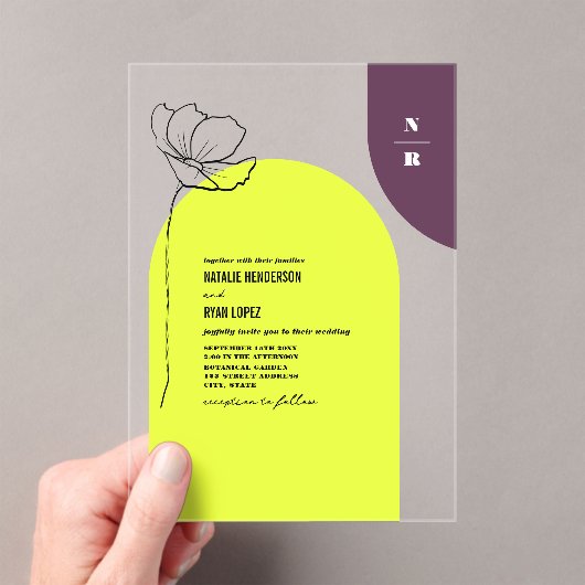 Monogram Floral Neon + Plum Geometric Wedding Acryl Uitnodigingen (Insitu (Draagbaar))