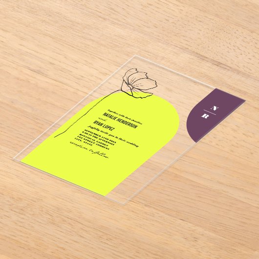 Monogram Floral Neon + Plum Geometric Wedding Acryl Uitnodigingen (Laagn)
