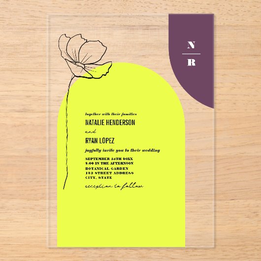 Monogram Floral Neon + Plum Geometric Wedding Acryl Uitnodigingen (Voorkant)
