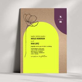 Monogram Floral Neon + Plum Geometric Wedding Invi Kaart