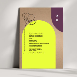 Monogram Floral Neon + Plum Geometric Wedding Invi Kaart