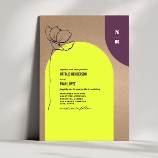 Monogram Floral Neon + Plum Geometric Wedding Invi Kaart