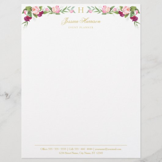 Monogram Floral Paars Pink Sweet Pea  Briefhoofd (Voorkant)