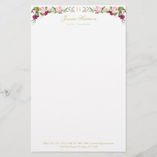 Monogram Floral Paars Pink Sweet Pea Briefpapier (Voorkant)