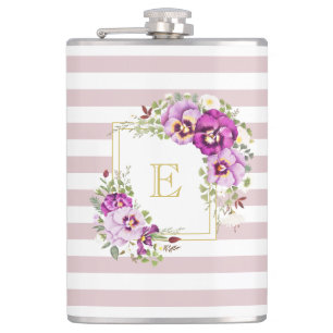 Monogram Floral Pansies Paarse Stripes Heupfles
