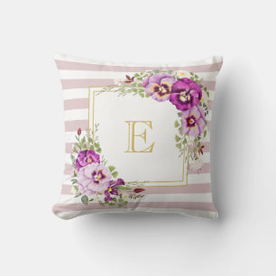 Monogram Floral Pansies Paarse Stripes Kussen