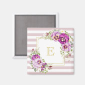Monogram Floral Pansies Paarse Stripes Magneet (Voorkant / Achterkant)