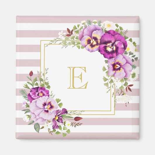 Monogram Floral Pansies Paarse Stripes Magneet (Voorkant)