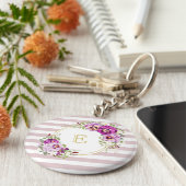 Monogram Floral  Pansies Paarse Stripes Sleutelhanger (Zijkant)