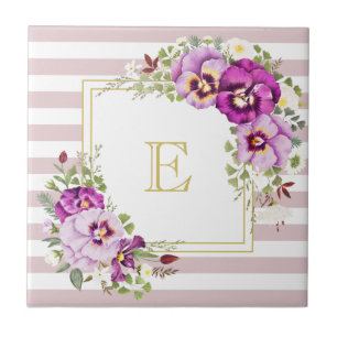 Monogram Floral Pansies Paarse Stripes Tegeltje