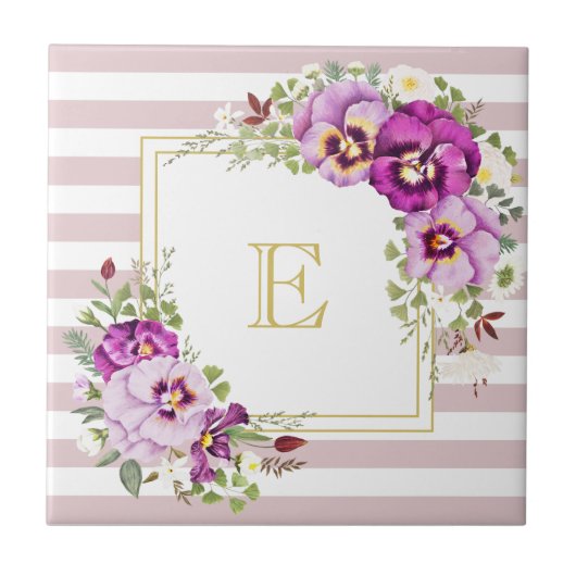 Monogram Floral  Pansies Paarse Stripes Tegeltje (Voorkant)