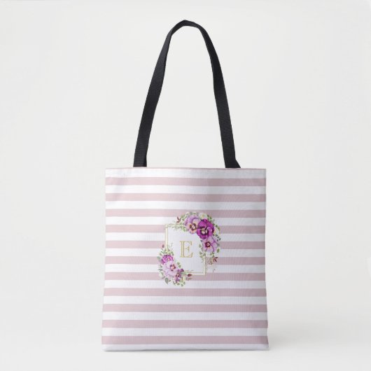 Monogram Floral Pansies Paarse Stripes Tote Bag (Voorkant)