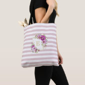 Monogram Floral Pansies Paarse Stripes Tote Bag (Dichtbij)