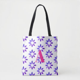 Monogram Floral Pattern Blue Tote Bag