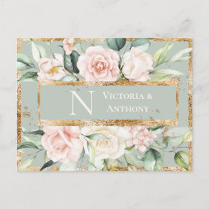 Monogram Floral Pink Gold Waterverf Hartelijk dank Briefkaart