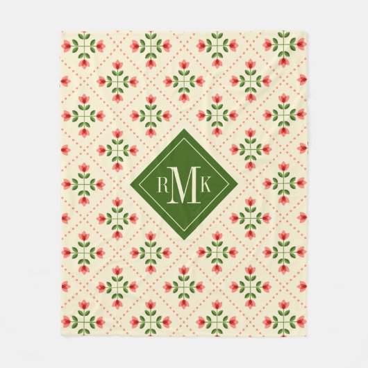 Monogram | Floral Pink & Green Quilt Folk Art Fleece Deken (Voorkant)