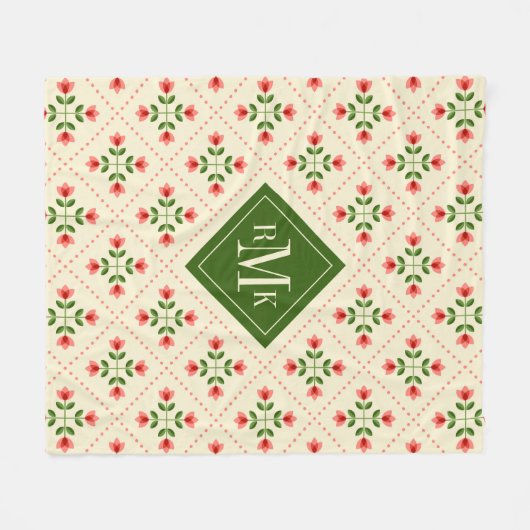 Monogram | Floral Pink & Green Quilt Folk Art Fleece Deken (Voorkant (Horizontaal))