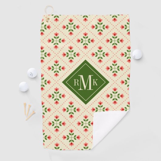Monogram | Floral Pink & Green Quilt Folk Art Golfhanddoek (Insitu)