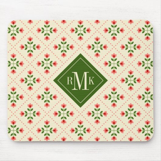 Monogram | Floral Pink & Green Quilt Folk Art Muismat (Voorkant)
