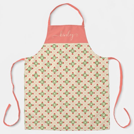 Monogram | Floral Pink & Green Quilt Folk Art Schort (Voorkant)