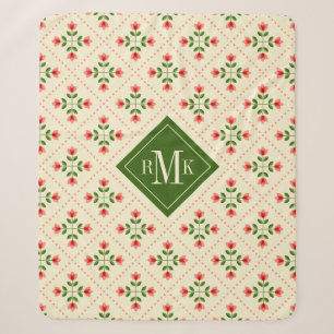 Monogram   Floral Pink & Green Quilt Folk Art Sherpa Deken