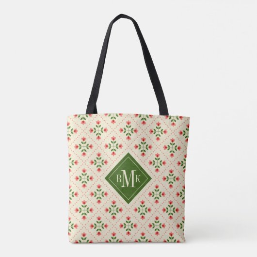 Monogram | Floral Pink & Green Quilt Folk Art Tote Bag (Achterkant)