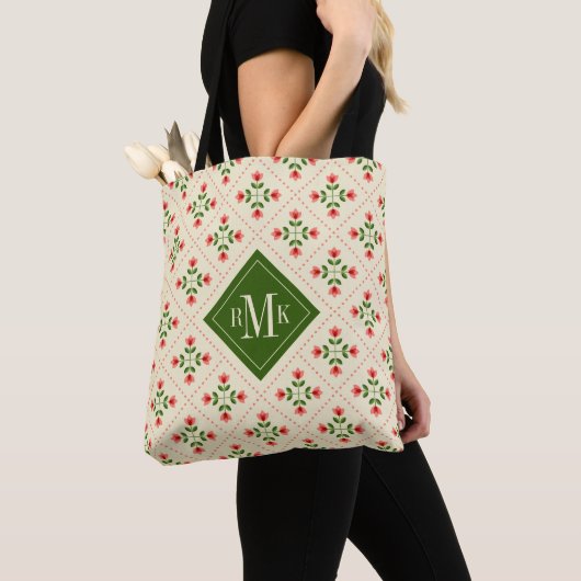 Monogram | Floral Pink & Green Quilt Folk Art Tote Bag (Dichtbij)