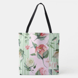 Monogram Floral Pink Green Stripe Pastel Tote Bag