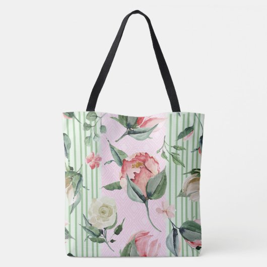 Monogram Floral Pink Green Stripe Pastel Tote Bag (Achterkant)