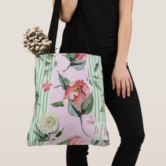 Monogram Floral Pink Green Stripe Pastel Tote Bag (Dichtbij)