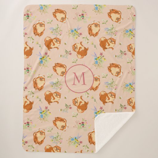 Monogram Floral Pomeranian Pattern Blush Pink Sherpa Deken (Voorkant)