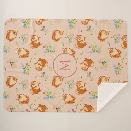 Monogram Floral Pomeranian Pattern Blush Pink Sherpa Deken (Voorkant (horizontaal))