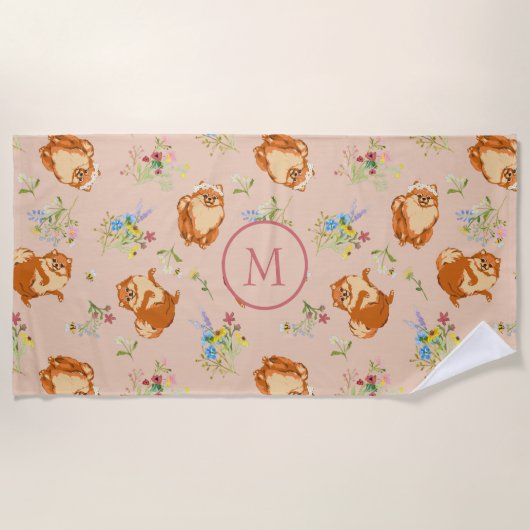 Monogram Floral Pomeranian Pattern Blush Pink Strandlaken (Voorkant)