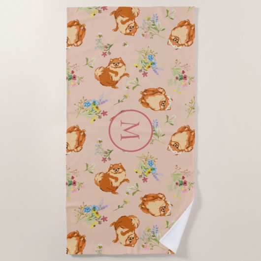 Monogram Floral Pomeranian Pattern Blush Pink Strandlaken (Voorkant)