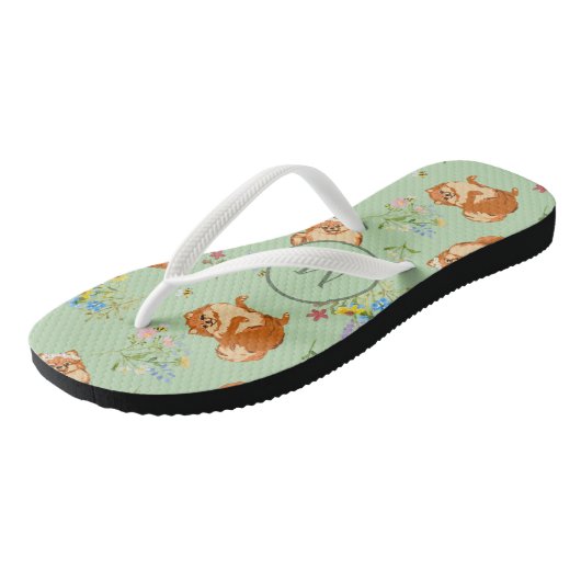 Monogram Floral Pomeranian Pattern Green Teenslippers (Schuin)