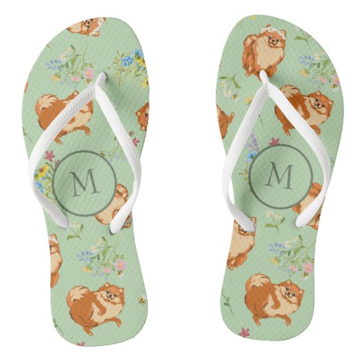 Monogram Floral Pomeranian Pattern Green Teenslippers (Voetbed)